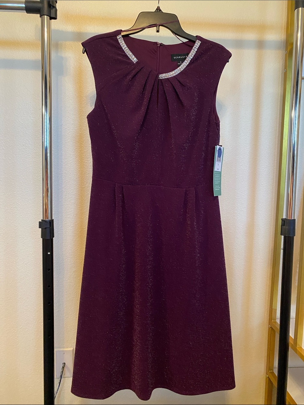 Women’s Size 8 Sleeveless Eggplant Evening Dress with Embellished Neckline